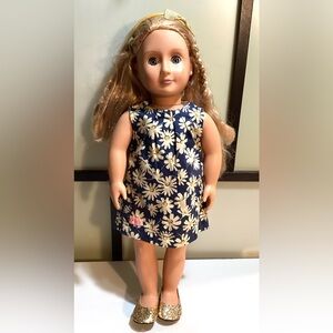 Our Generation blue flowered dress and glittery gold shoes, fits 18” doll